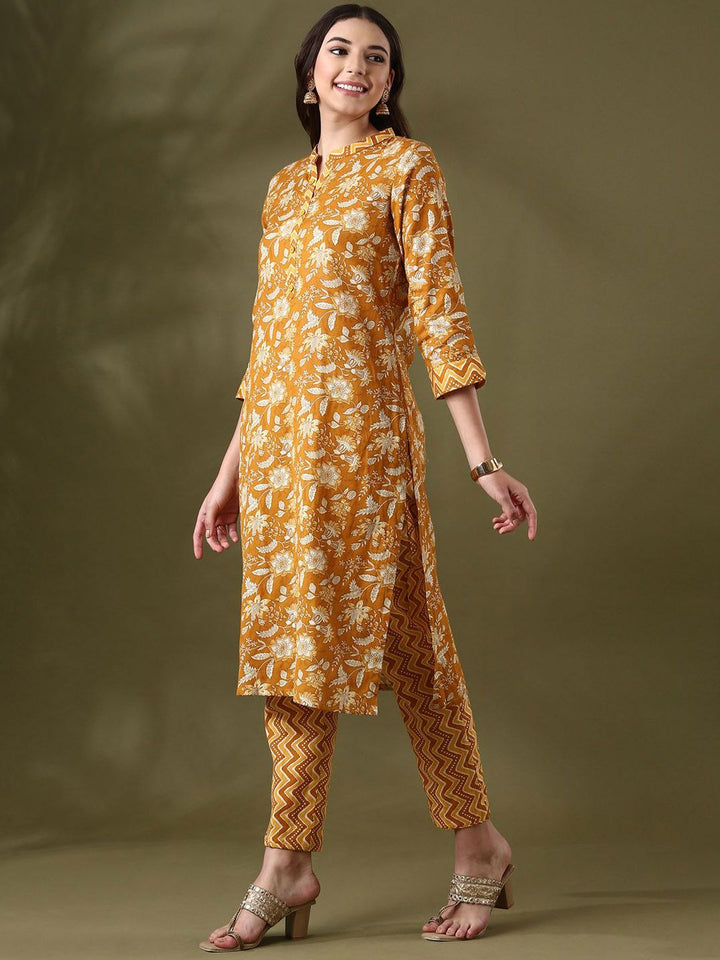 Anouk Mustard Yellow Floral Printed Mandarin Collar PureCotton Straight Kurta With Trouser