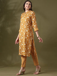 Anouk Mustard Yellow Floral Printed Mandarin Collar PureCotton Straight Kurta With Trouser