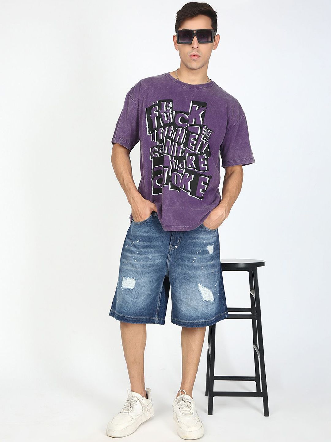 Bene Kleed Men Baggy Fit Paint Splatter Distressed Denim Shorts