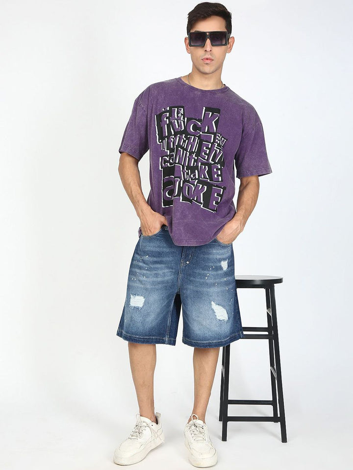 Bene Kleed Men Baggy Fit Paint Splatter Distressed Denim Shorts