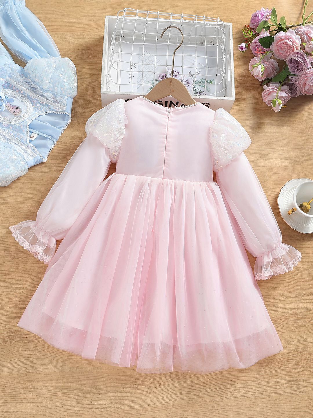 YK Girls Self Design Sequined Fit and Flare Knee Length Dress