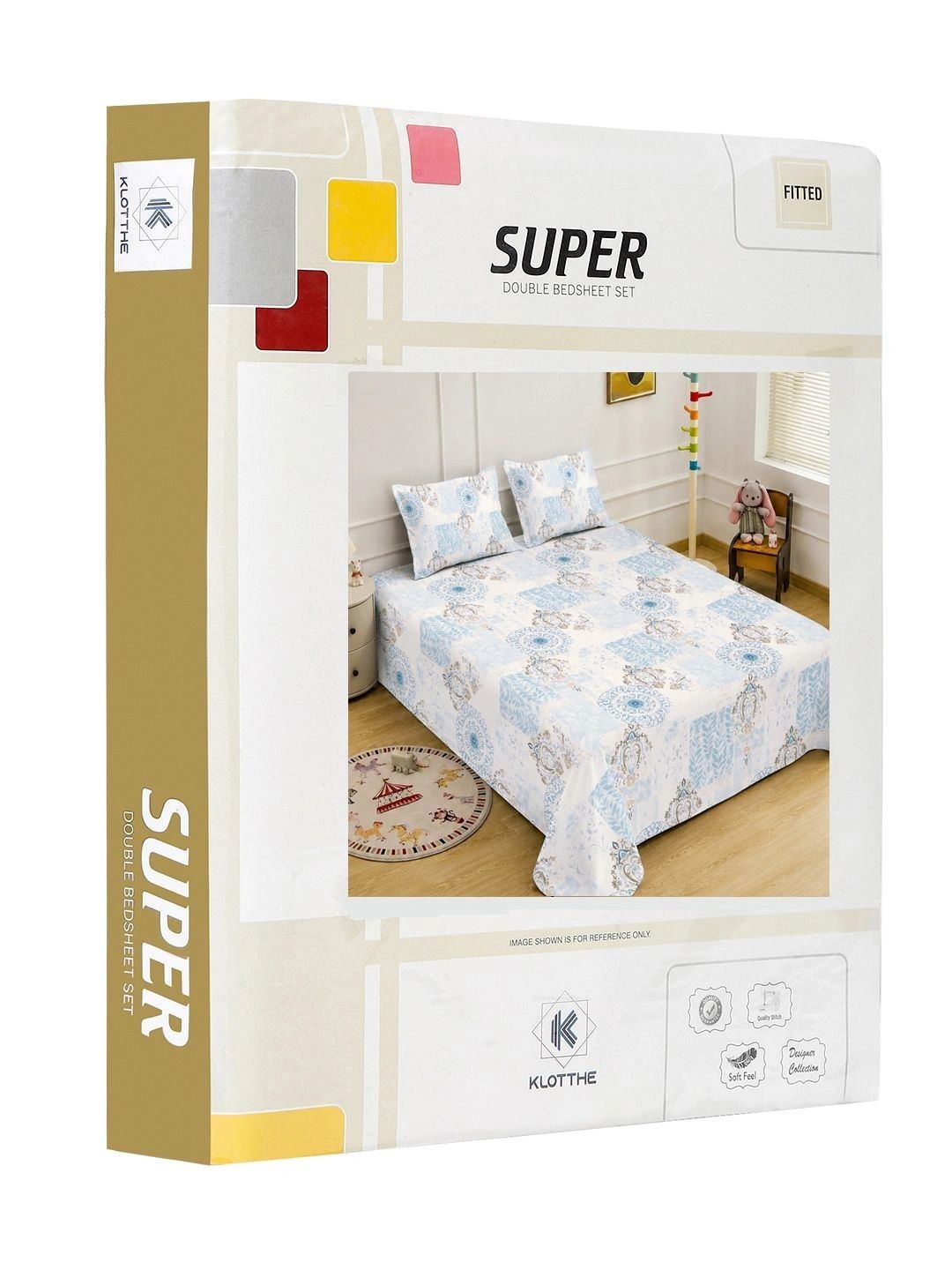 KLOTTHE Blue Geometric Printed Fitted 400 TC King 7D Bedsheet with 2 Pillow Covers