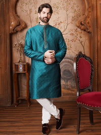 SOJANYA Men Teal Woven Design Straight Kurta