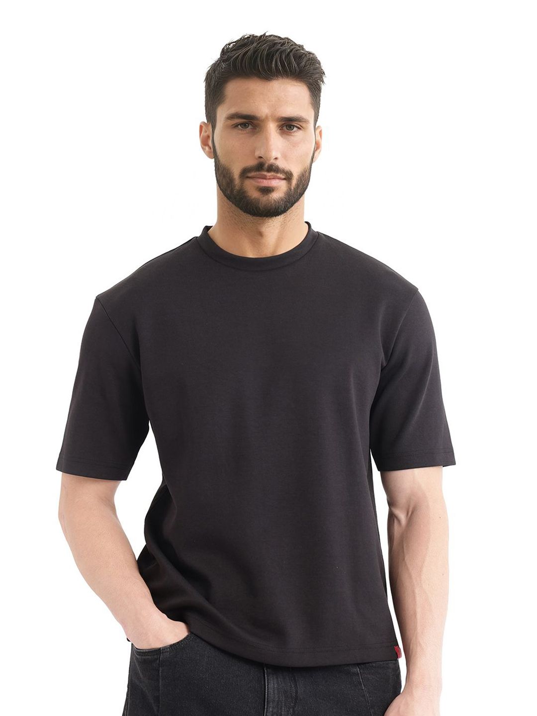 RARE RABBIT Men Solid Round Neck Cotton Oversized T-shirt