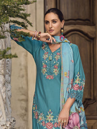 Varanga Floral Embroidered Thread Work Pure Cotton Straight Kurta With Trousers & Dupatta