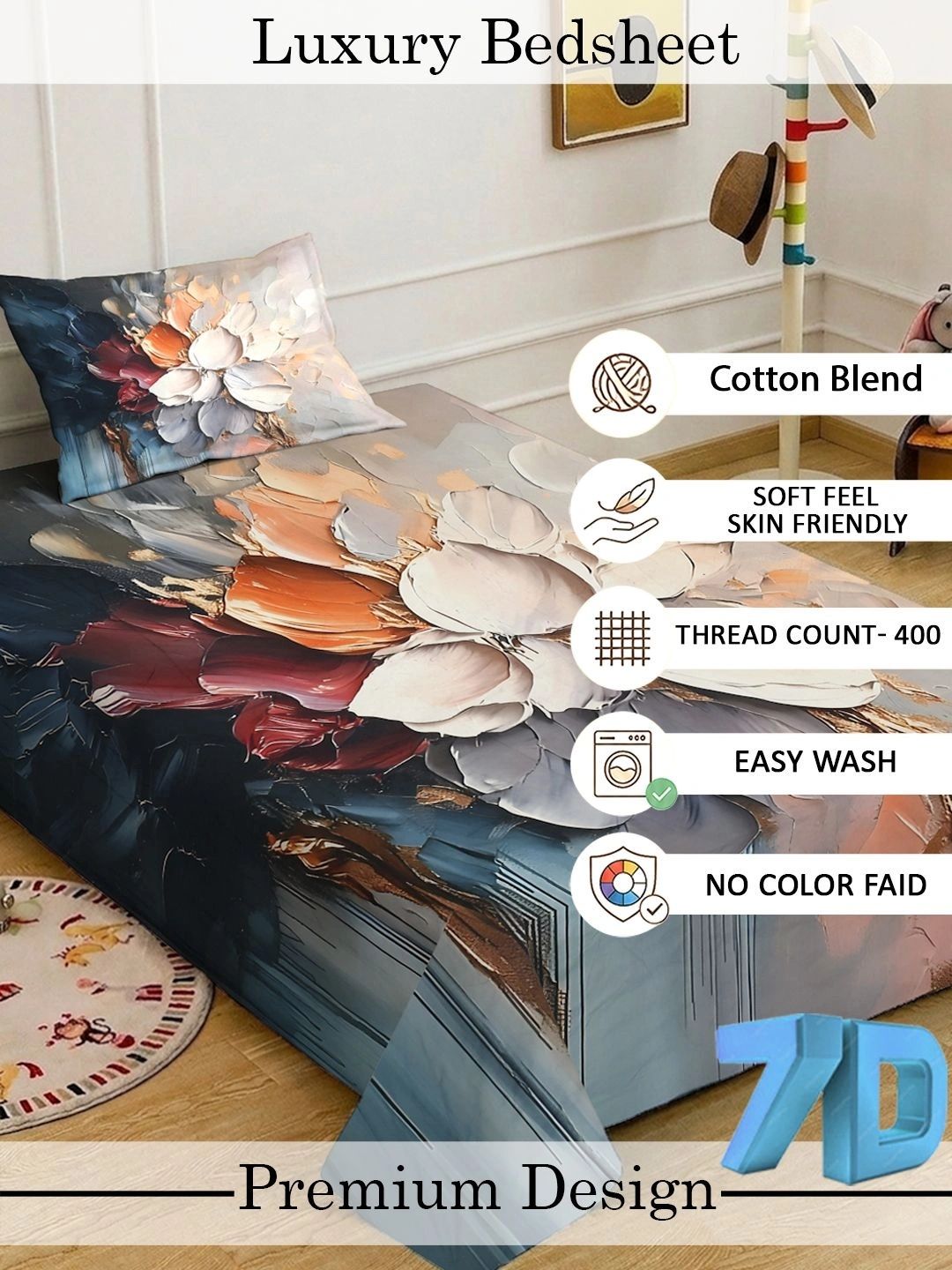 KLOTTHE Grey & Beige Floral Fitted 400 TC Single 7D Bedsheet with 1 Pillow Covers