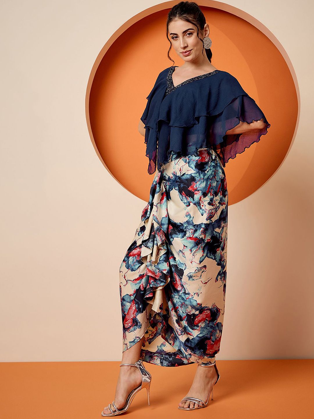 Antheaa Navy Blue Embellished V-Neck Top & Skirt