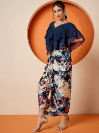 Antheaa Navy Blue Embellished V-Neck Top & Skirt