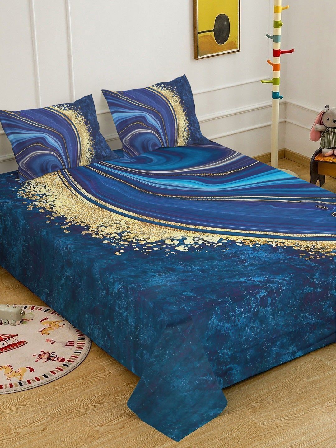Cadar Katil Superfine King Double Bercetak Biru Abstrak 7D 400 TC Dengan 2 Sarung Bantal