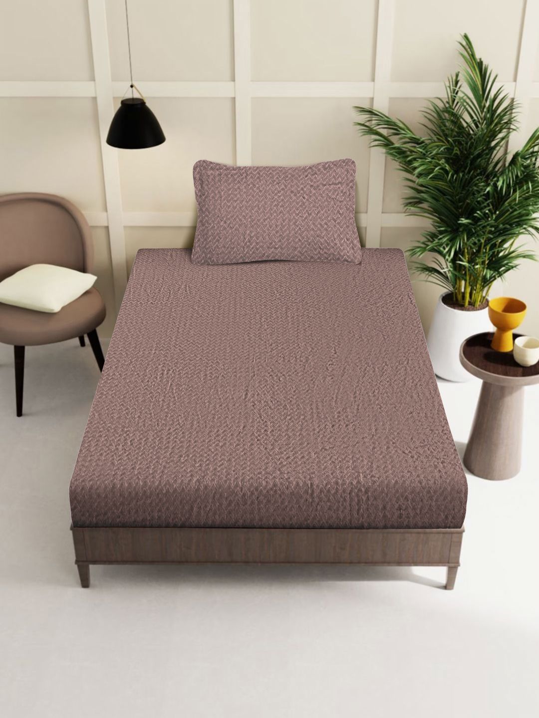 KLOTTHE  Brown Abstract 300TC Woollen Single Bedsheet & 1 Pillow Cover