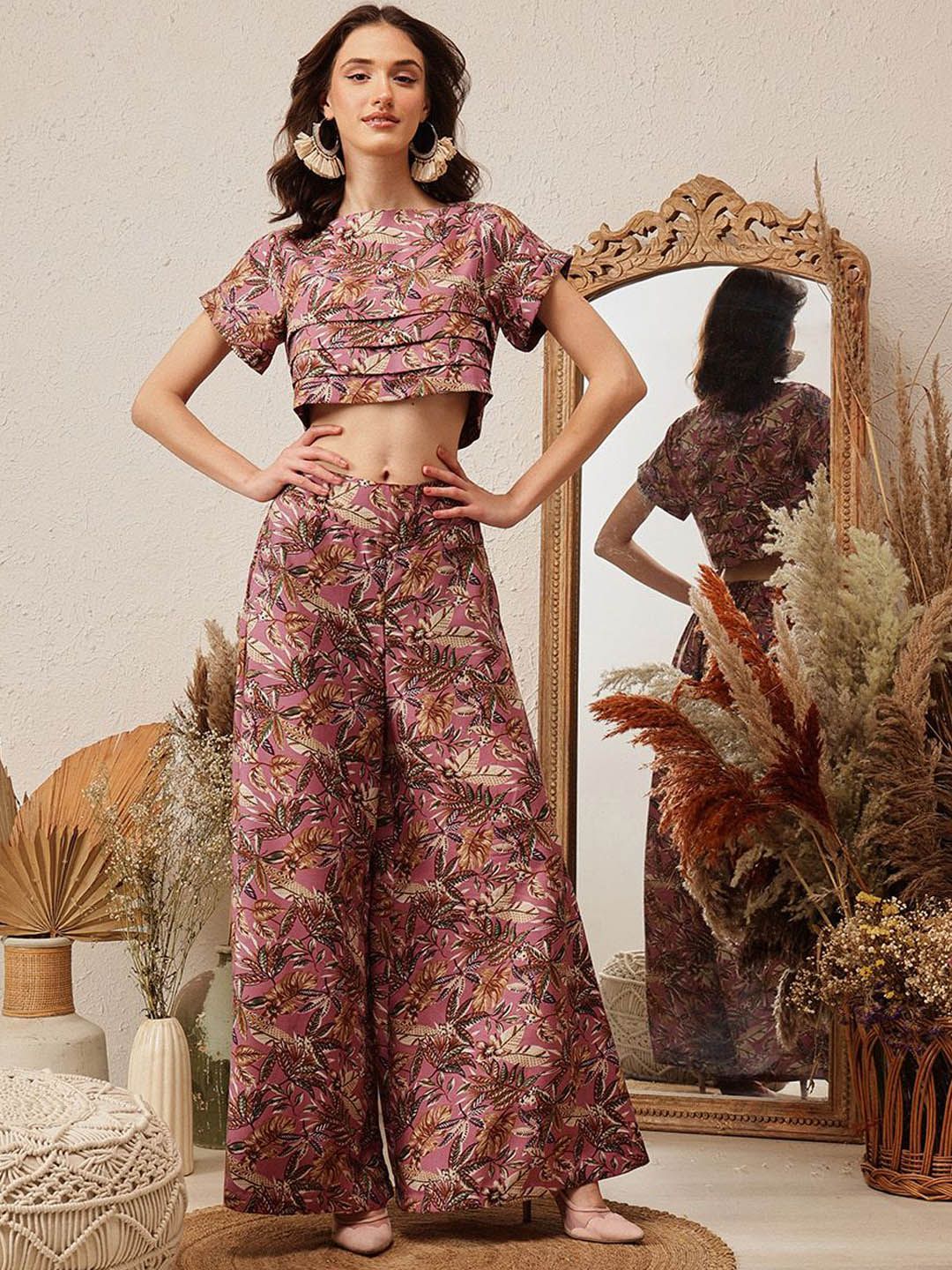 Quiero Floral Printed Boat Neck Top dengan Palazzos