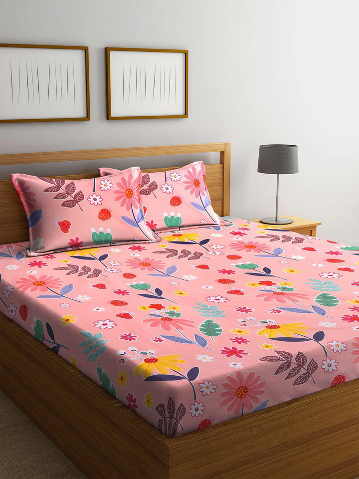 KLOTTHE Pink Floral Cotton 300 TC Fitted King Fine Bedsheet with 2 Pillow Covers-98 x 87 inches