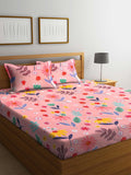 KLOTTHE Pink Floral Cotton 300 TC Fitted King Fine Bedsheet with 2 Pillow Covers-98 x 87 inches