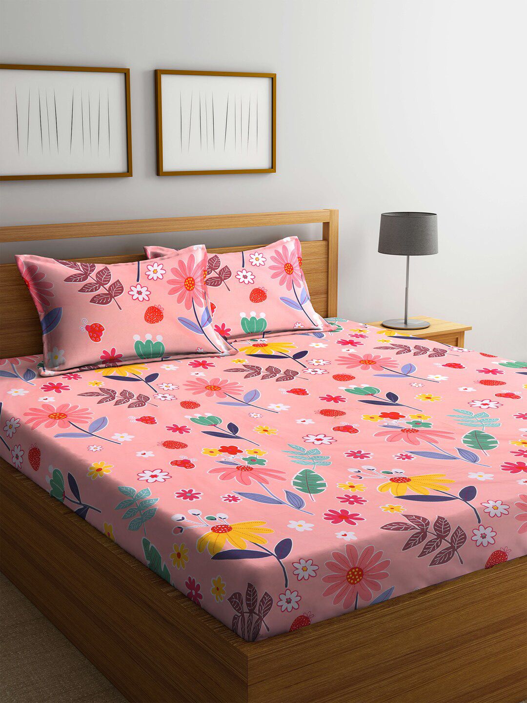 KLOTTHE Pink Floral Cotton 300 TC Fitted King Fine Bedsheet with 2 Pillow Covers-98 x 87 inches
