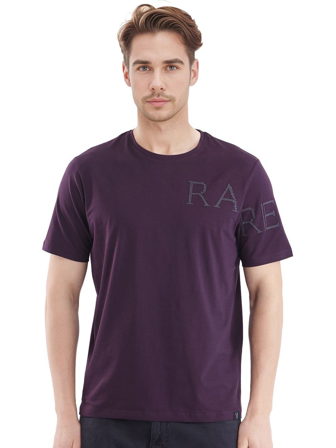 RARE RABBIT Men Solid Round Neck Cotton T-shirt