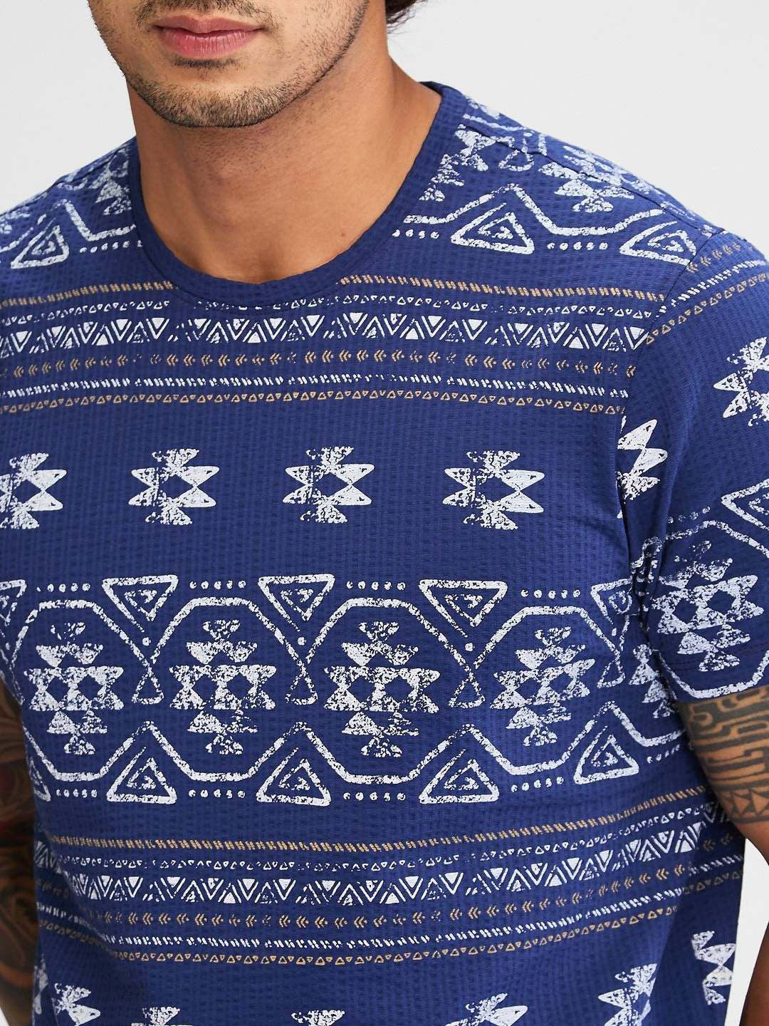 SPYKAR Tribal Printed Raw Edge Slim Fit T-shirt