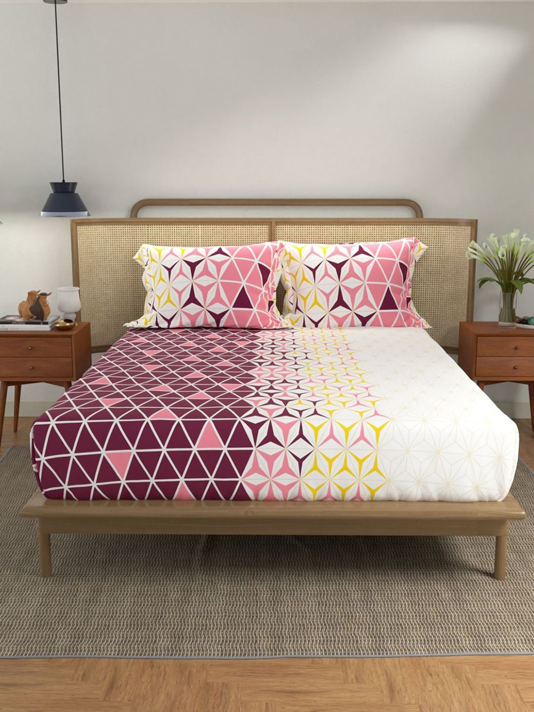 URBAN SPACE Divine Maroon & White Geometric Cotton 144 TC Queen Bedsheet Set