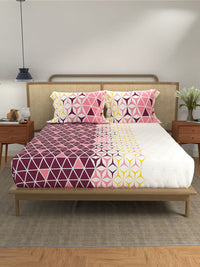 URBAN SPACE Divine Maroon & White Geometric Cotton 144 TC Queen Bedsheet Set