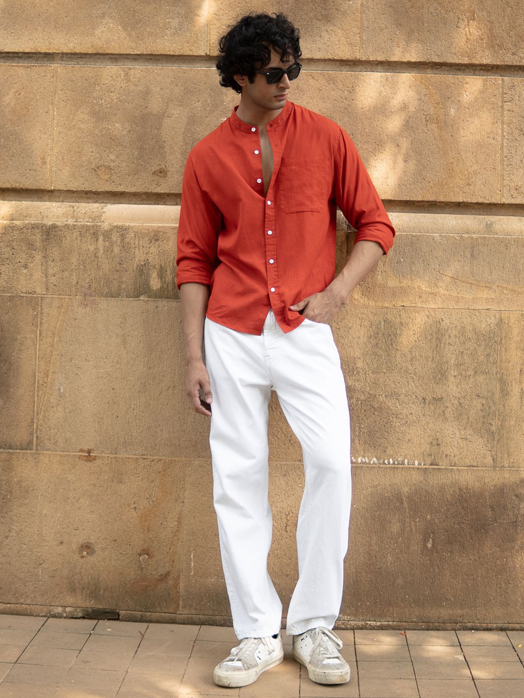 Powerlook Men Solid Mandarin Collar Cotton Casual Shirt