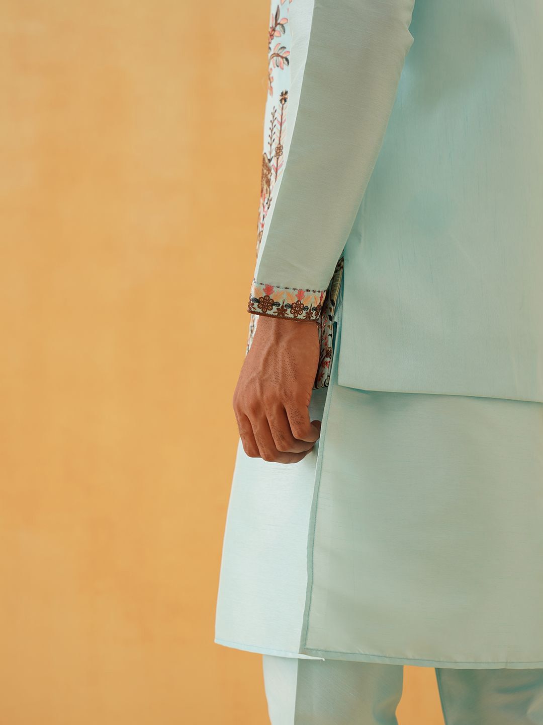 SOJANYA LUXE Thread Work Silk Cotton Straight Kurta with Churidar & Nehru Jacket