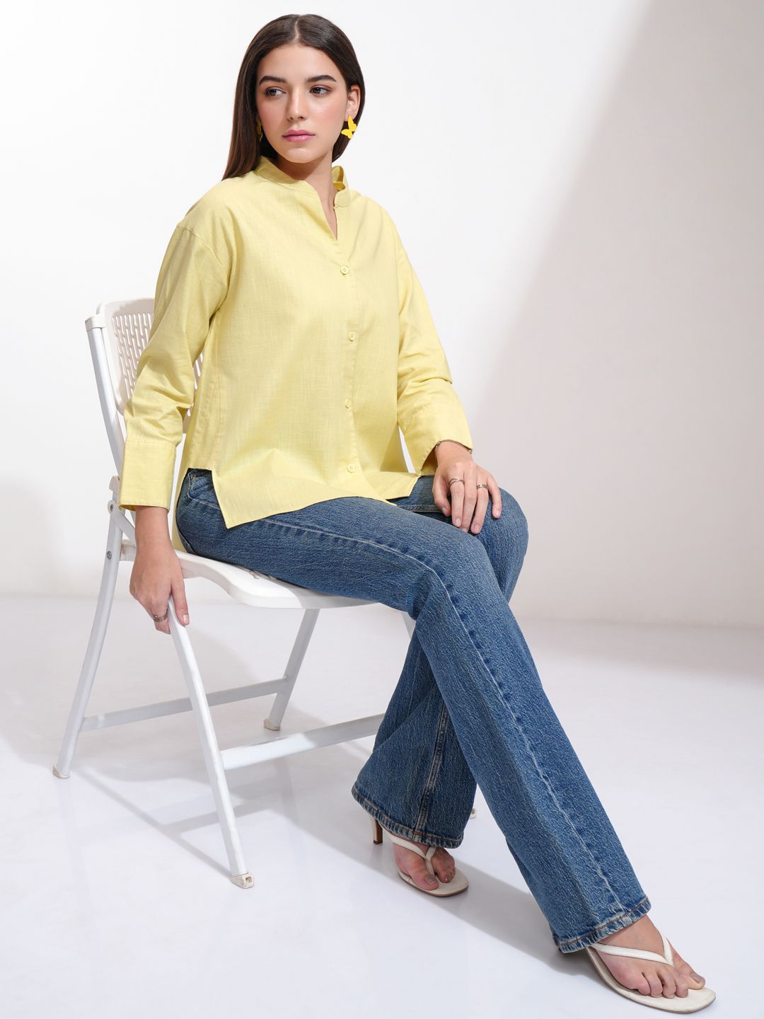 Tokyo Talkies Women Button Down Drop Shoulder Cotton Shirt