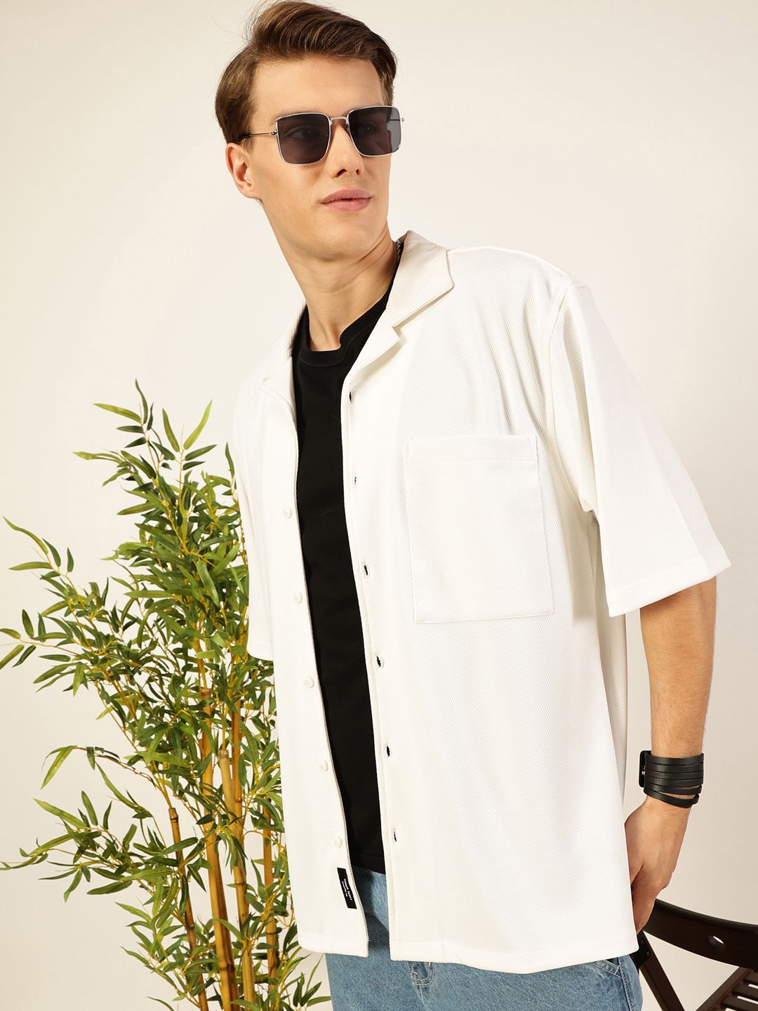 Thomas Scott Men Premium Cuban Collar Textured Casual Shirt