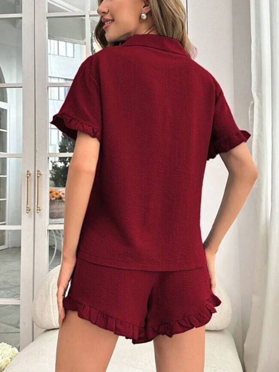 DressBerry Women Lapel Collar Shirt Style Night suit