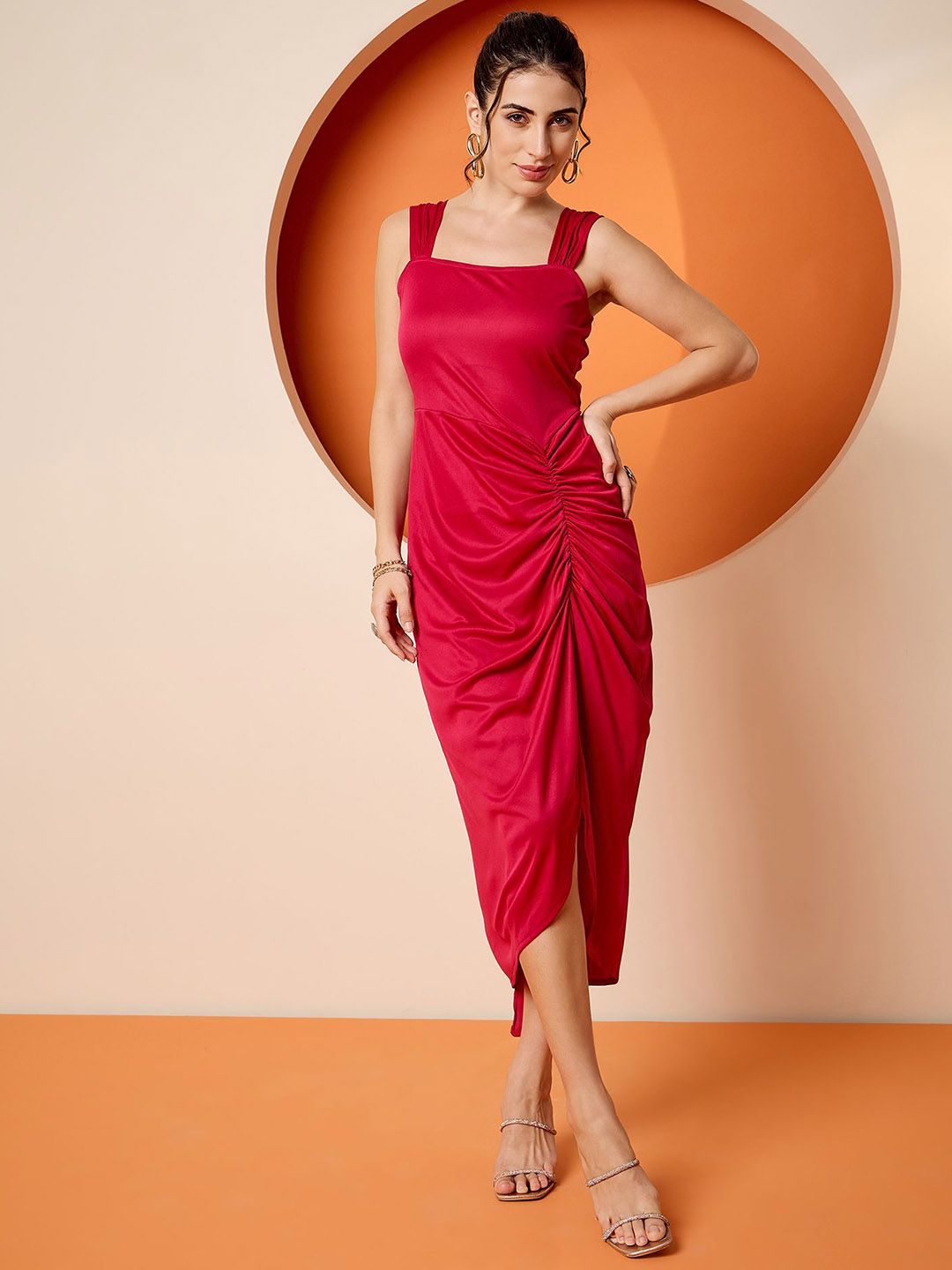 Antheaa Pink Square Neck A-Line Midi Dress With Jacket