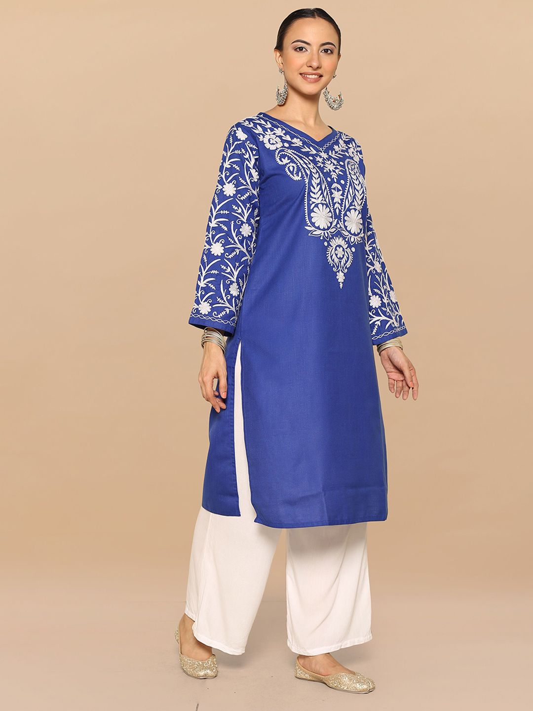 HOUSE OF KARI Floral Embroidered V-Neck Cotton Straight Falak Kashmiri Kurta