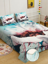 KLOTTHE Blue & Red Floral Printed Fitted 300 TC Super King Bedsheet With 2 Pillow Cover