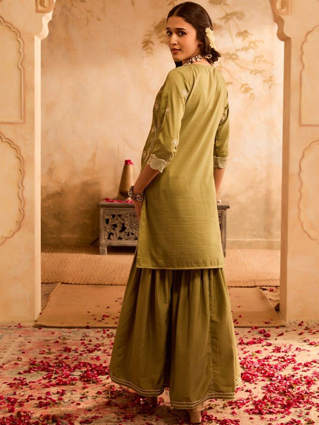Bani Women Floral Embroidered Sequinned Straight Kurta with Palazzos & Dupatta
