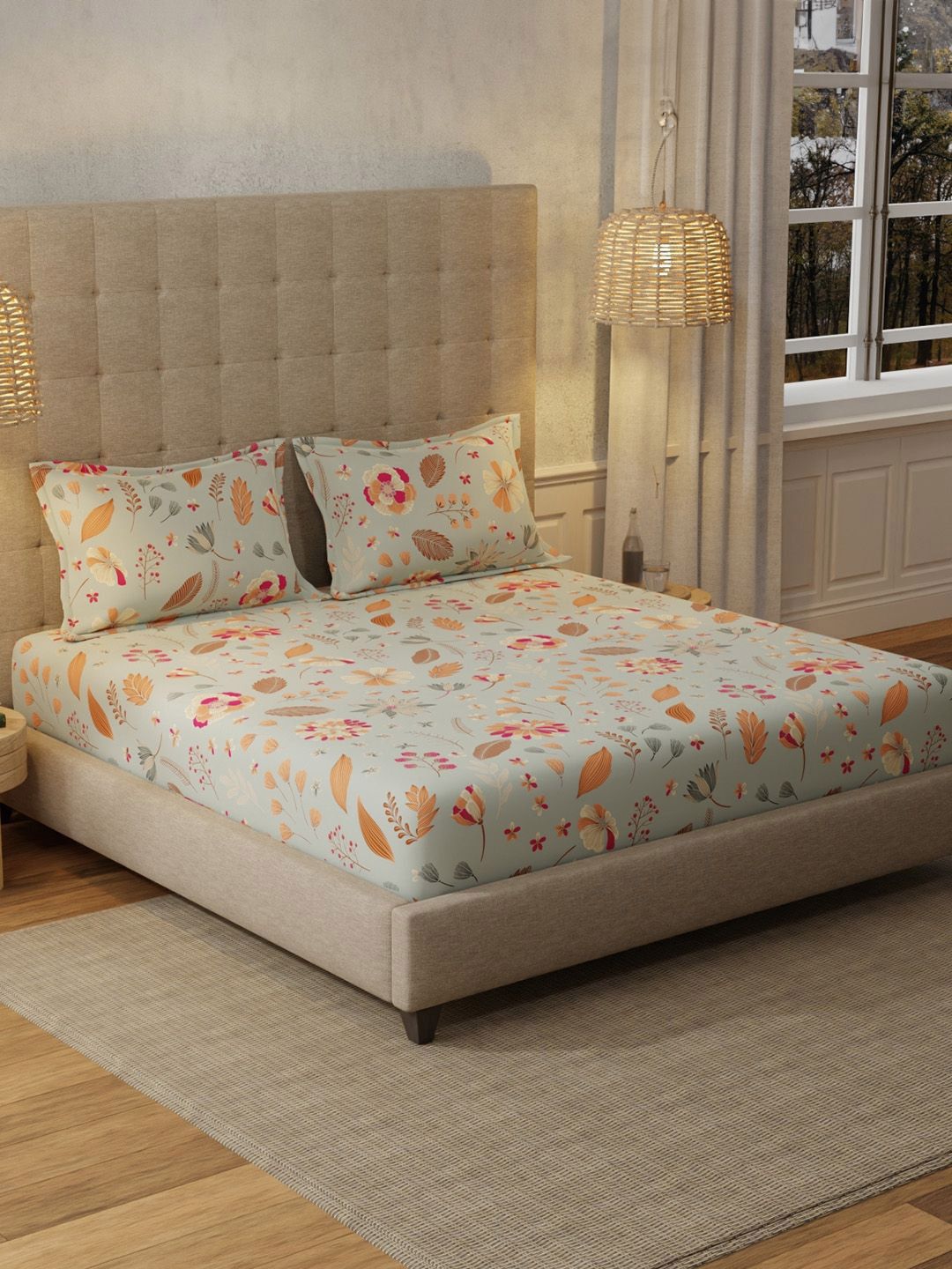 URBAN SPACE Florence Grey 200 TC Floral Queen Bedsheet