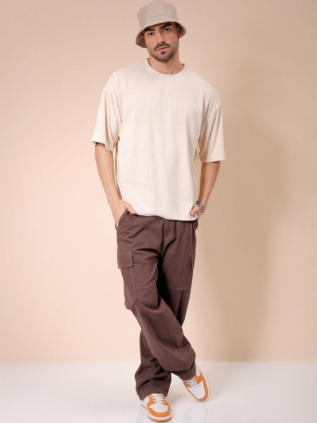 The Indian Garage Co Men Self Design Round Neck Oversized T-shirt