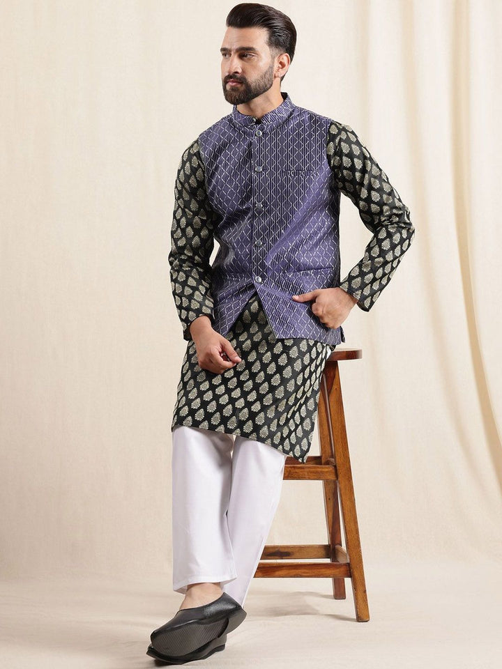 Anouk Geometric Printed Band Collar Straight Kurta With Pyjama And Nehru jacket