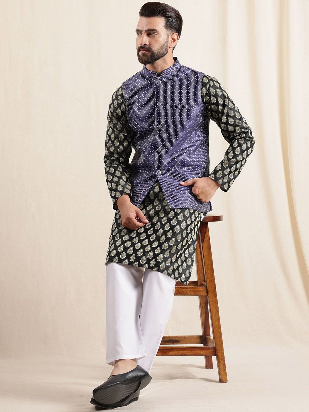 Anouk Geometric Printed Band Collar Straight Kurta With Pyjama And Nehru jacket