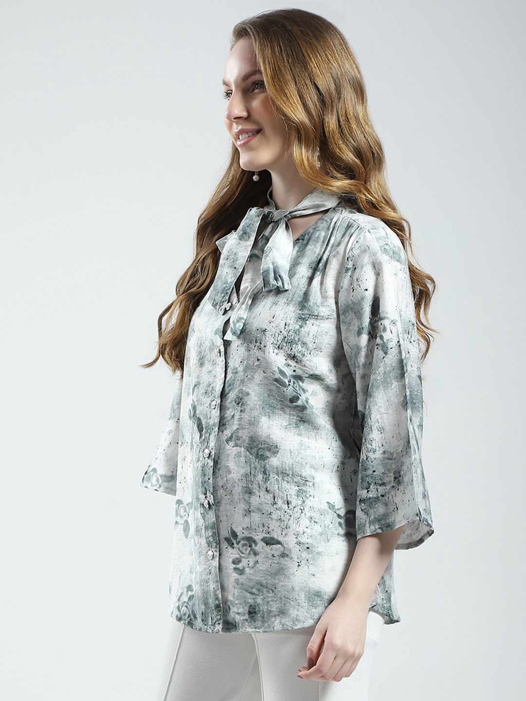 Monte Carlo Printed Tie-Up Neck Shirt Style Top