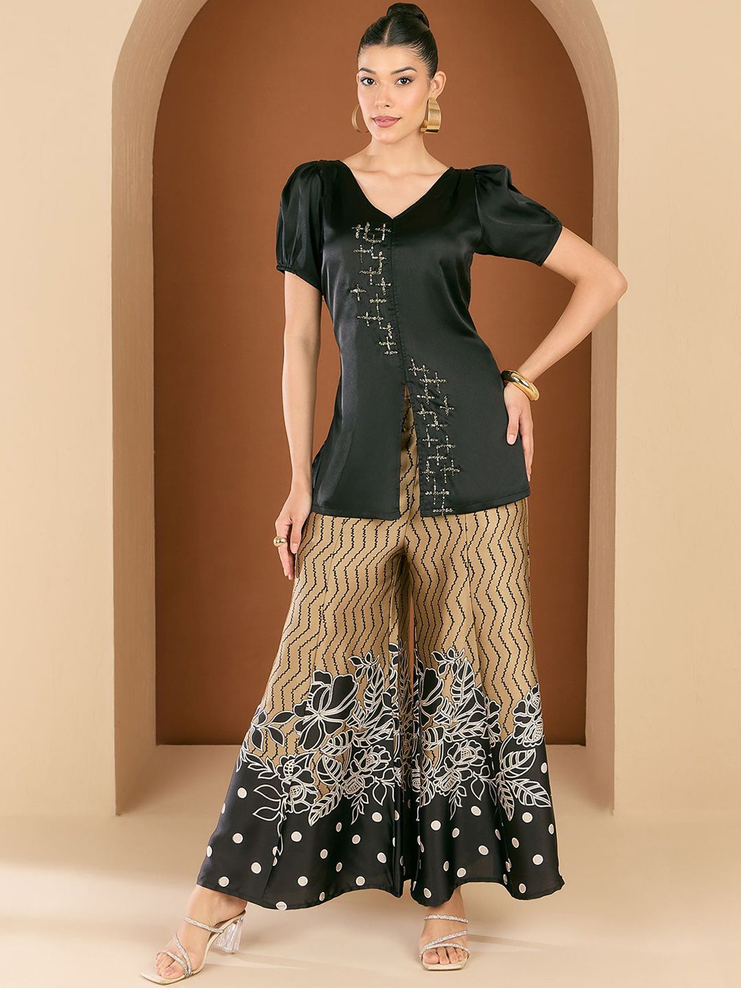 Antheaa Embellished V-Neck Top With Palazzos Co-Ords
