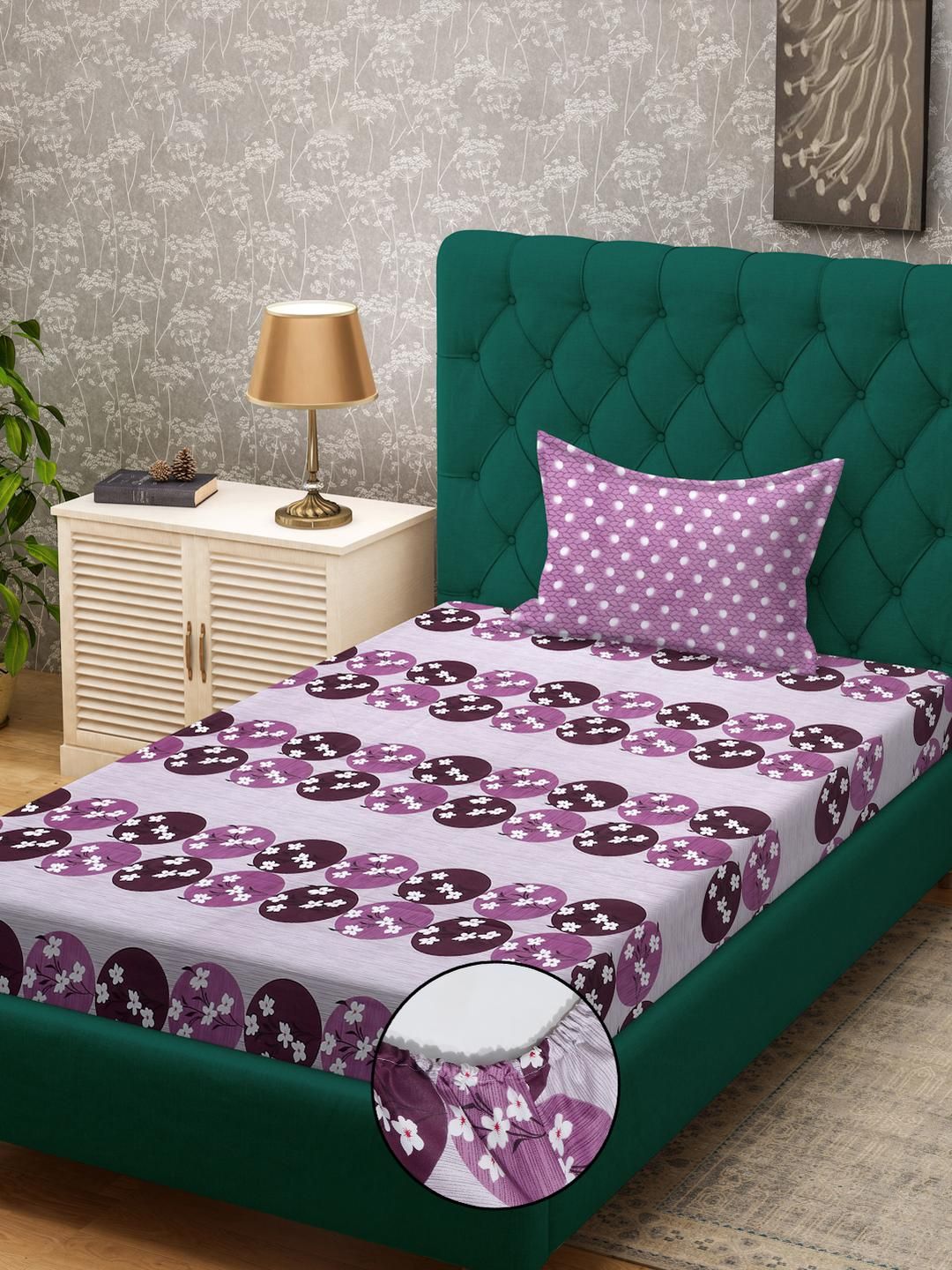 KLOTTHE Purple Floral Cotton Single Bedsheets