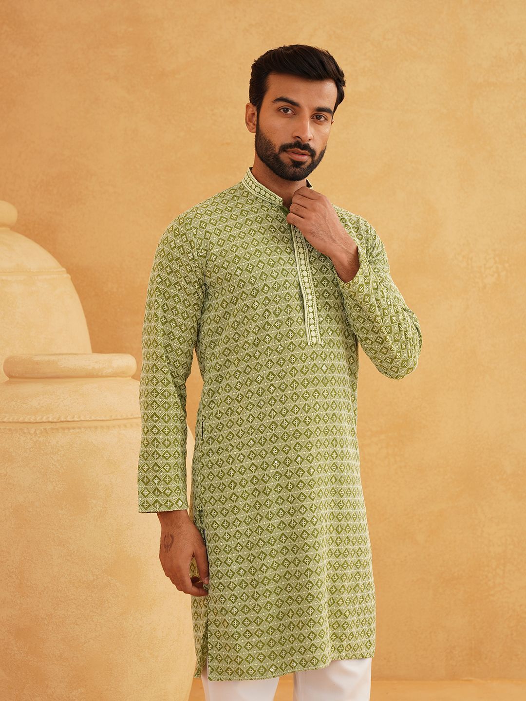 SOJANYA Geometric Sequinned Mandarin Collar Pure Cotton Straight Long Kurta