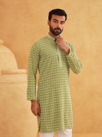 SOJANYA Geometric Sequinned Mandarin Collar Pure Cotton Straight Long Kurta