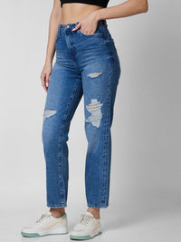 SPYKAR Women Straight Fit High-Rise Mildly Distressed Light Fade Stretchable Jeans