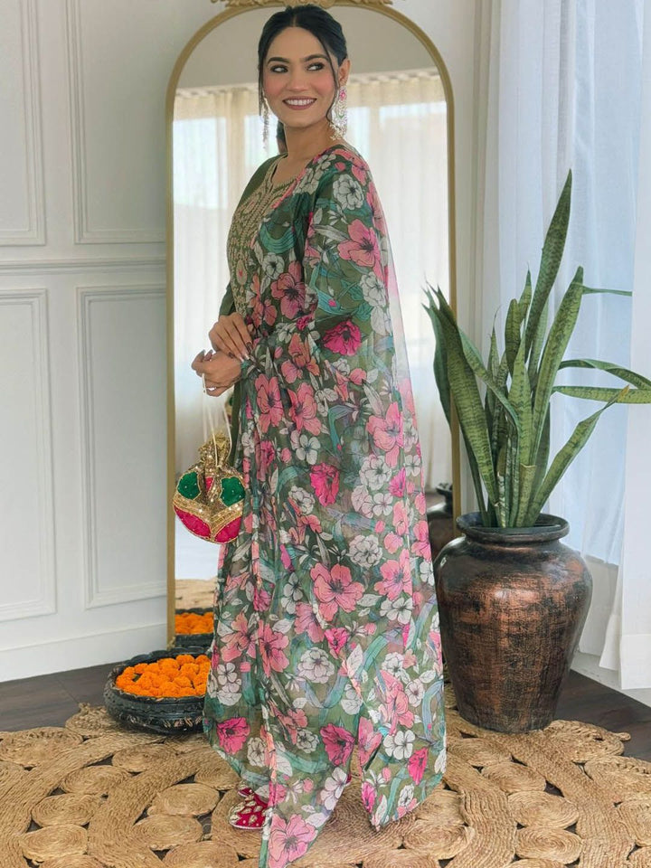 KALINI Women Floral Embroidered Regular Chikankari Kurta with Trousers & With Dupatta