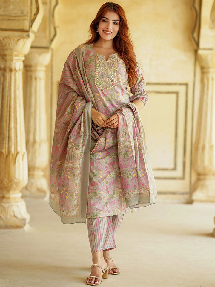 KALINI Floral Printed Thread Work Pure Cotton Straight Kurta With Trousers & Dupatta