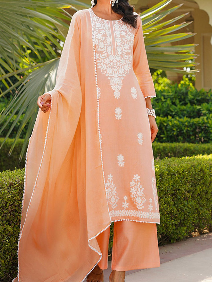 KALINI Floral Embroidered Round Neck Thread Work Kurta With Palazzos And Dupatta
