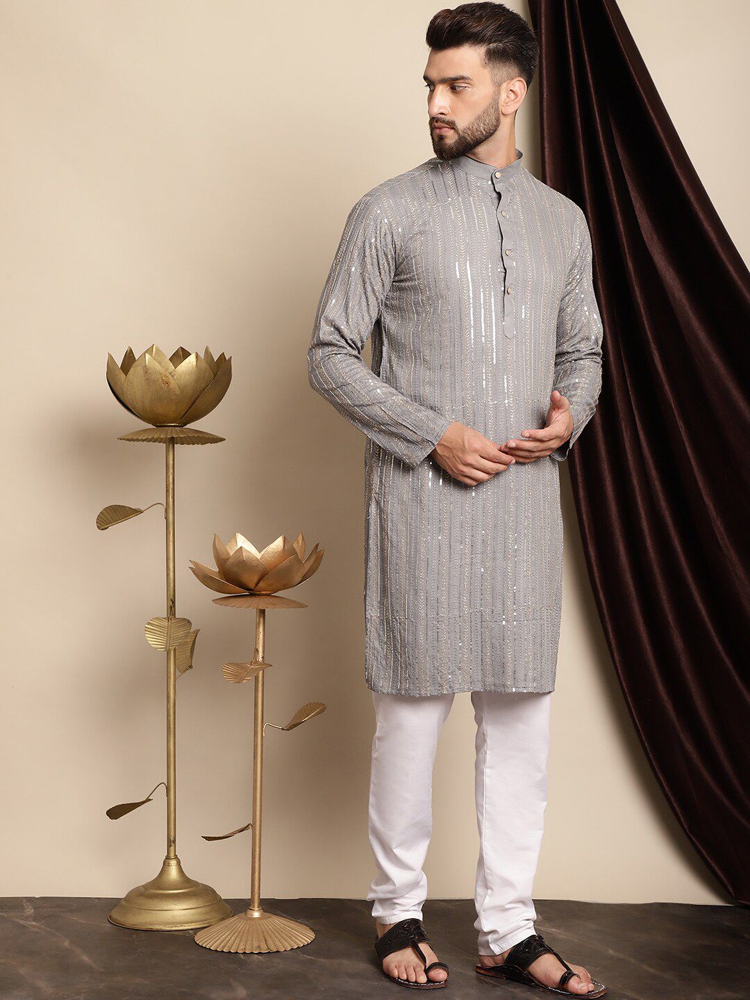 Anouk Ethnic Motifs Embroidered Sequinned Pure Cotton Kurta with Churidar