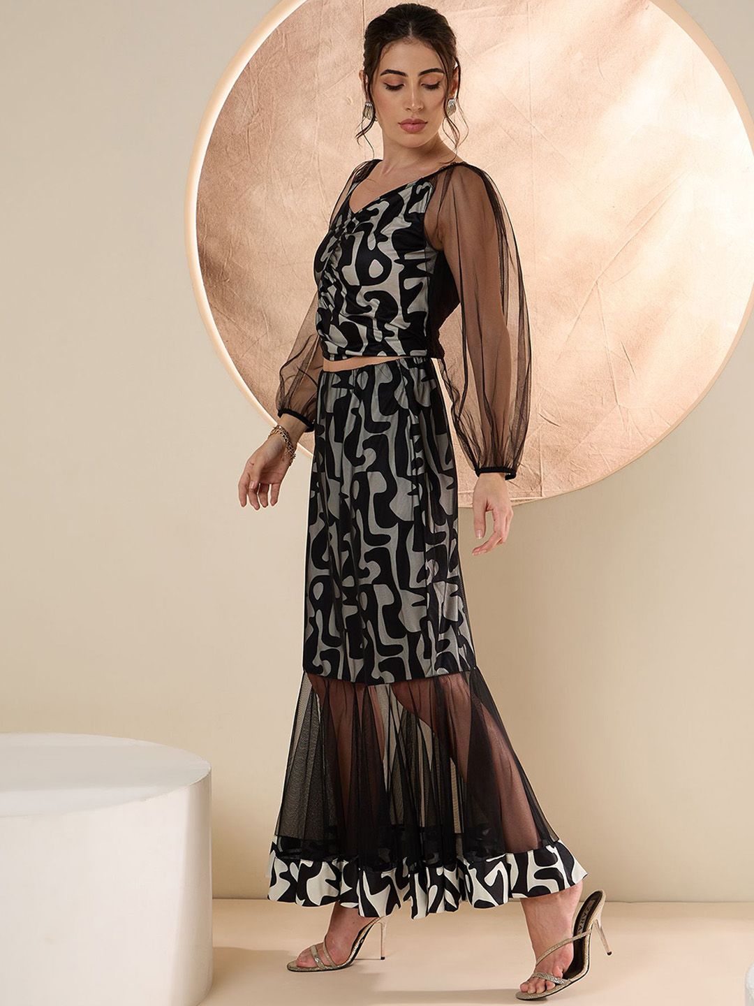Antheaa Black & White Printed Top With Frilled Skirt
