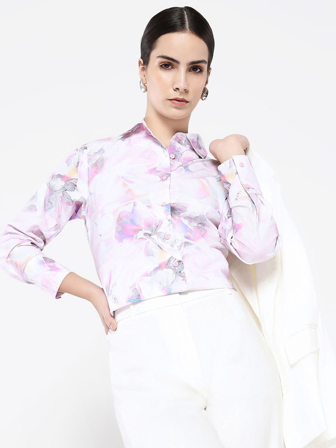 Rareism Women Floral Printed Shirt Collar Cotton Top
