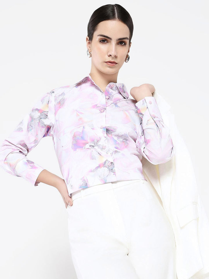 Rareism Women Floral Printed Shirt Collar Cotton Top