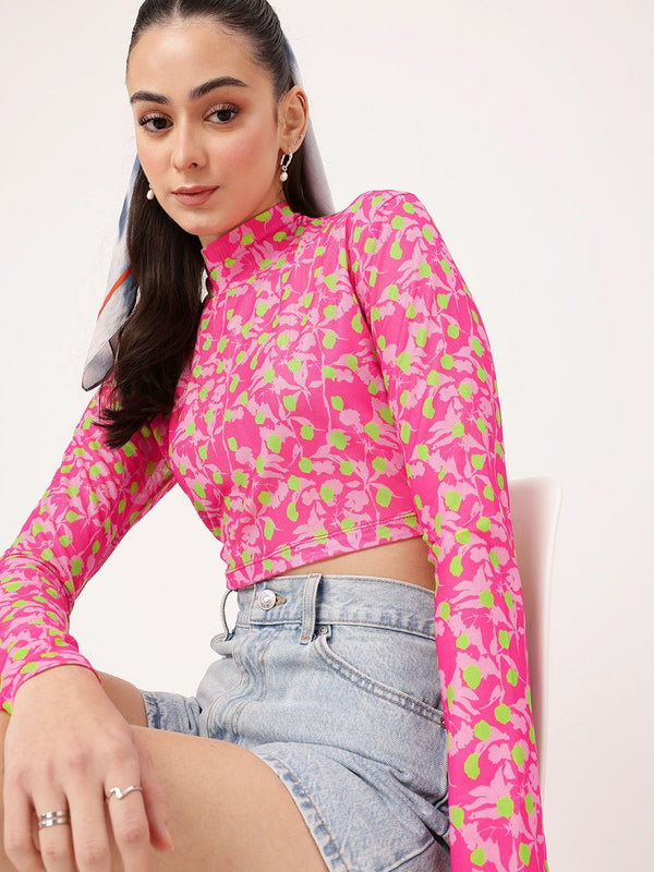 DressBerry Gentle Bloom Printed Soft Mesh Semi Sheer Fitted Crop Top