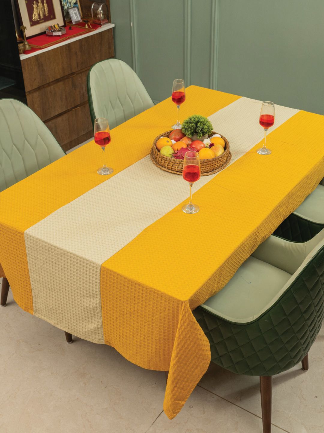 URBAN SPACE Mustard & Beige Geometric Printed Anti-Slip Cotton 6-Seater Table Cover